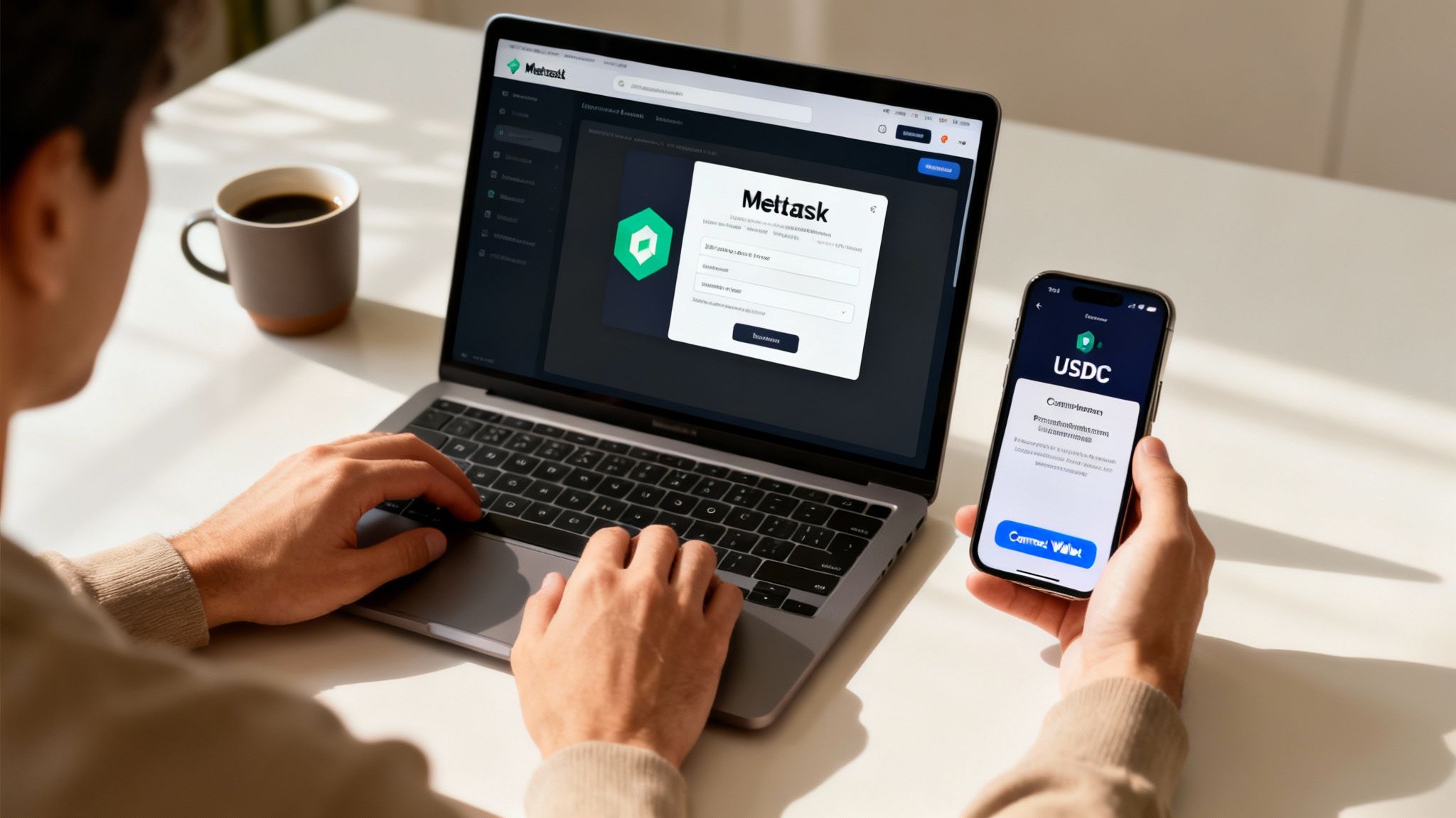 A person works on a laptop showing Mettask, while holding a smartphone with a USDC wallet.