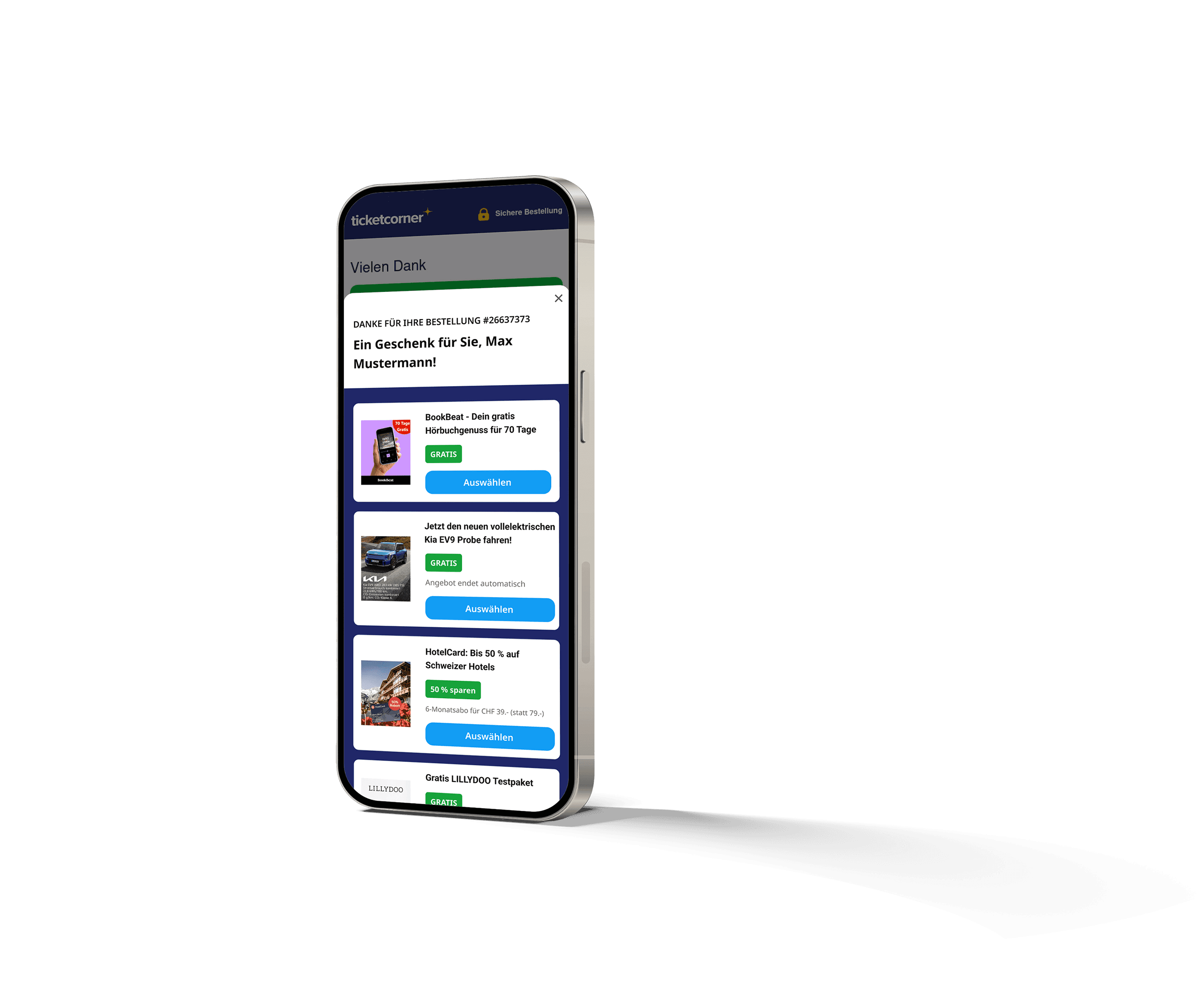 Smartphone mit Sovendus Checkout Benefits Produkt-Screen