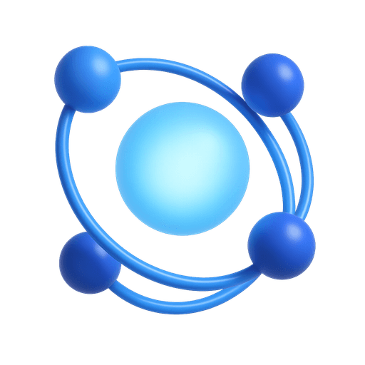 3D blue orb with circular orbiting spheres, symbolising connection, systems integration, and unified data flow.