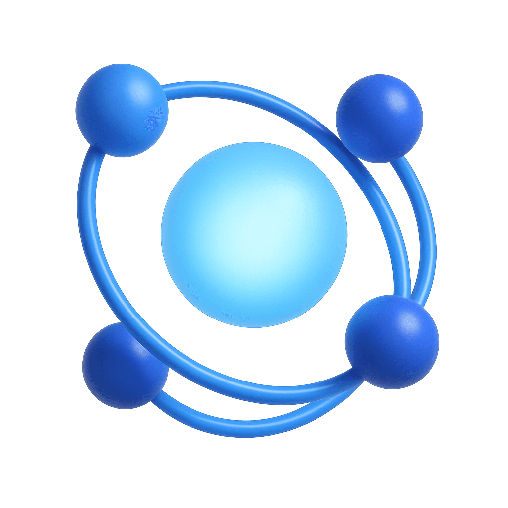 3D blue orb with circular orbiting spheres, symbolising connection, systems integration, and unified data flow.