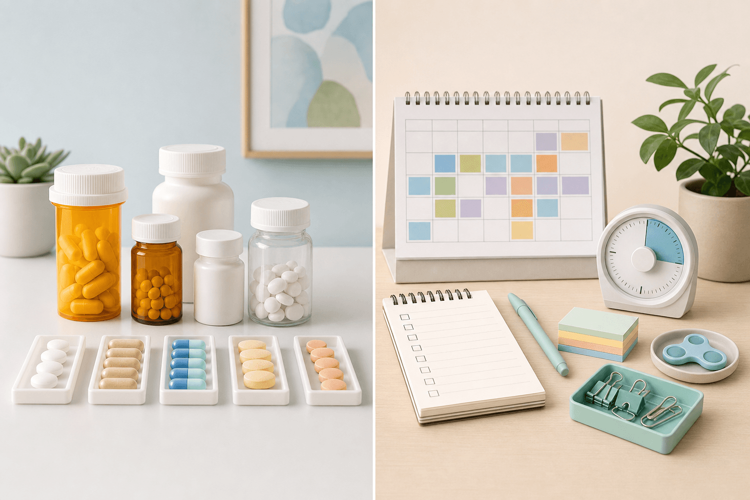 A clean, professional illustration showing ADHD treatment concepts. On one side, medication bottles and pills in organized rows on a clean surface. On the other side, visual representations of behavioral strategies: a calendar with color-coded blocks, a timer, a notepad with a simple checklist, and small organizational tools laid out neatly. Soft, calming colors with good lighting. Modern, minimalist healthcare aesthetic. No people, no text, no words, no letters.