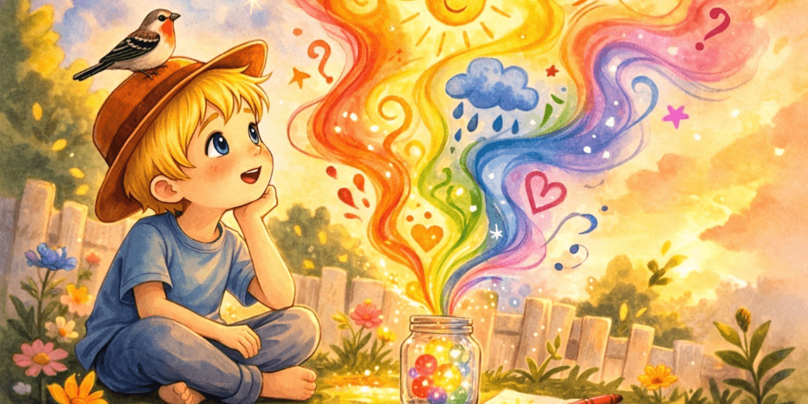 A joyful, cartoon boy with a bird on his hat sits in a garden, gazing at a jar emitting a colorful, swirling rainbow with hearts and question marks.