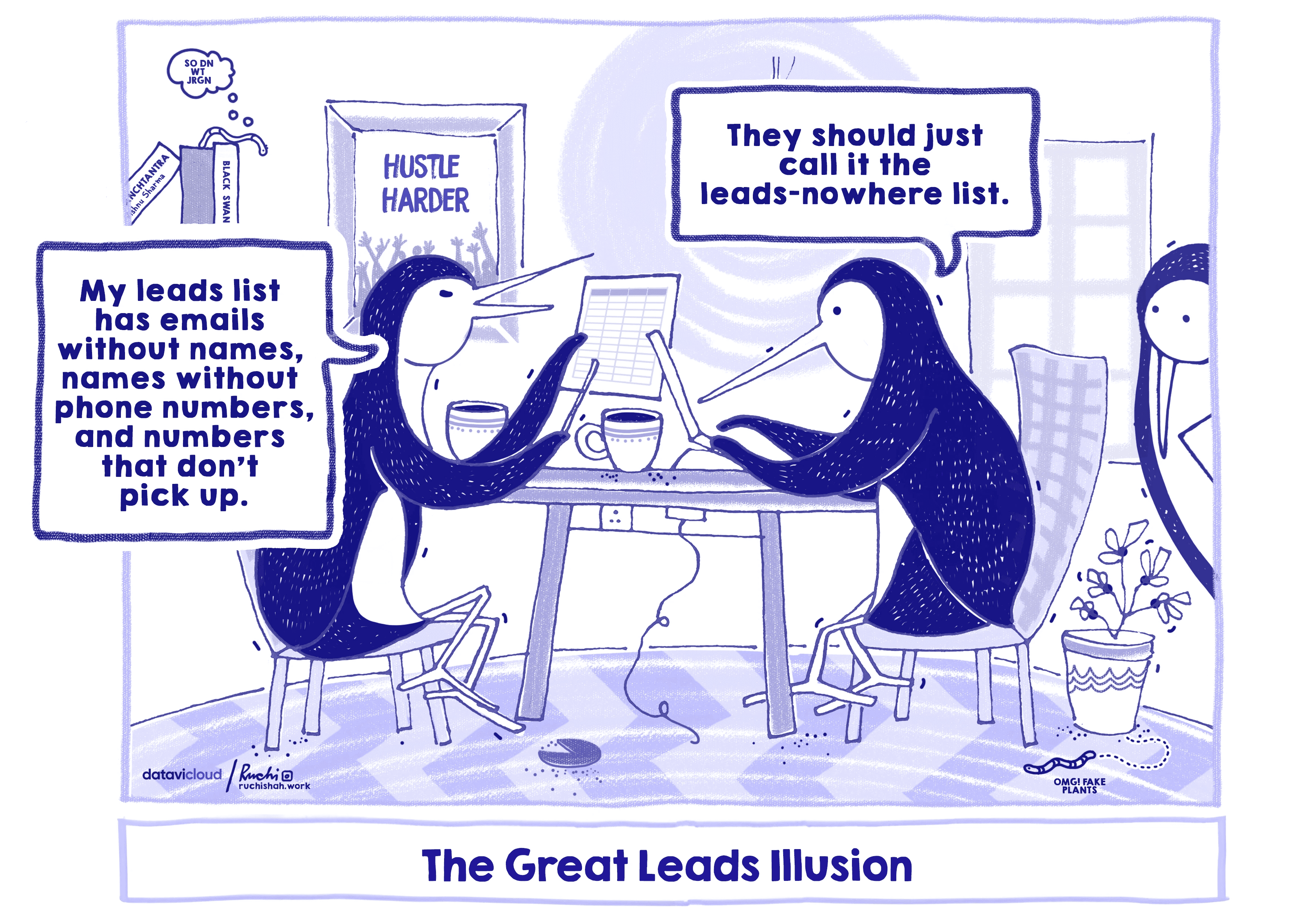 B2B sales humor cartoon titled 'The Great Leads Illusion' featuring penguins at a desk frustrated by a lead list with missing names and disconnected numbers, highlighting the need for accurate data enrichment.