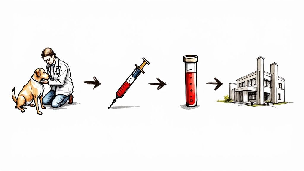 A veterinarian preparing to draw blood from a dog's leg.