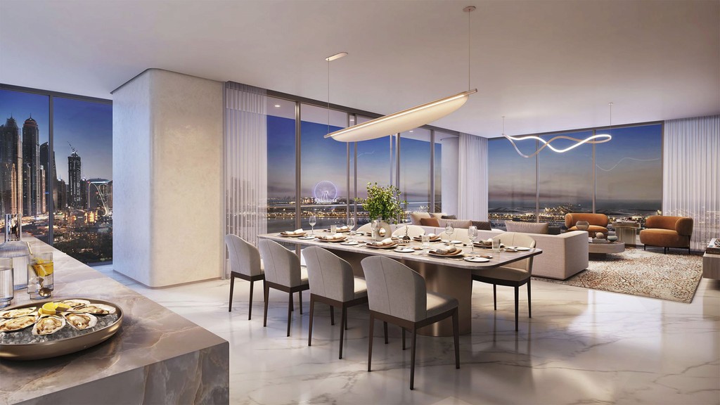 Modern living room and dining area in Palm Beach Tower 2, featuring contemporary furniture and open space design.