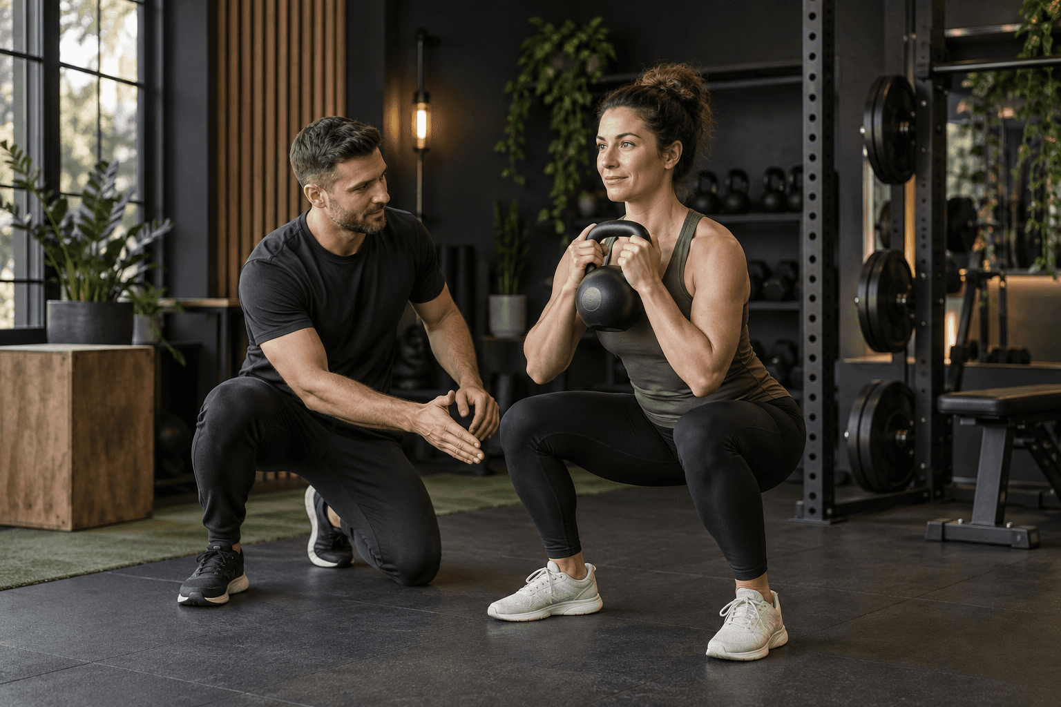 Coach cueing a client through a controlled goblet squat
