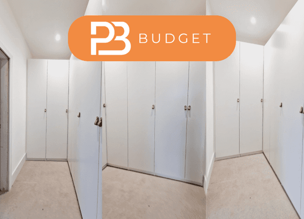 three photos of white wardrobe, with the brand logomark and the word "budget" on orange background
