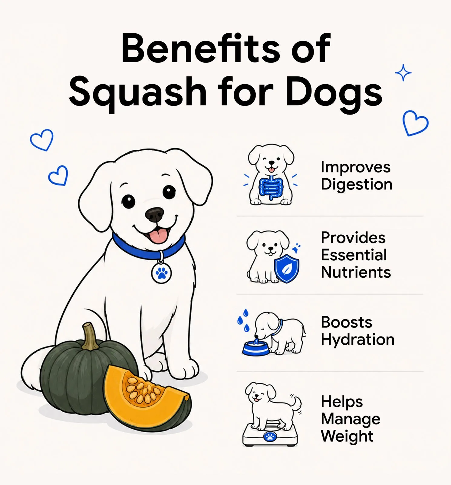 An infographic showing the benefits of squash for dogs.