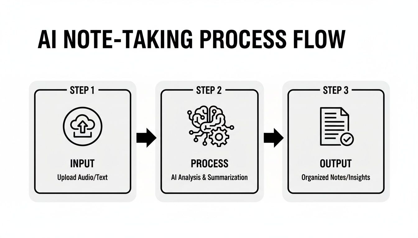 A three-step process flow illustrating AI note-taking: input, analysis, and organized output.