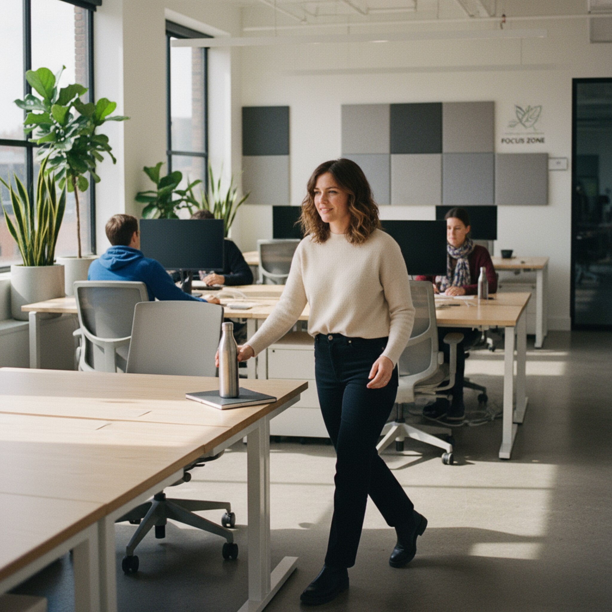 Zwischen hellen Schreibtischen legt eine Mitarbeiterin ihre Wasserflasche und einen Notizblock auf einen freien Platz. Dezente Zonenschilder gliedern die Fläche, einige Stühle sind bereits belegt, andere warten geordnet. Sonnenlicht streift die Tischkanten und erzeugt klare Linien. Die Szene wirkt ruhig, modern und startklar.