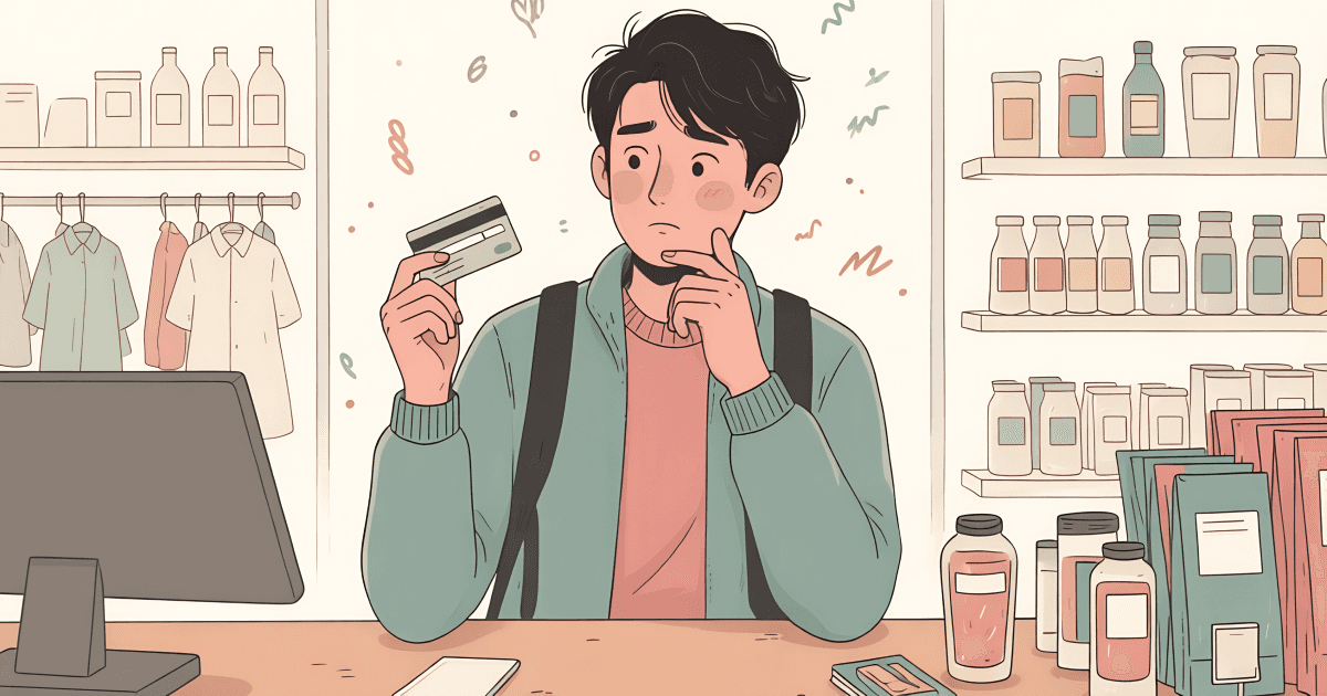 Illustrated young man standing at a store counter holding a credit card in one hand and touching his chin thoughtfully with the other. He has a slightly concerned expression. A computer monitor was on the counter in front of him. Store shelves with bottles and products on both sides. Clothing hanging on a rack to the left. Hand-drawn doodle marks in teal and coral are scattered around. Warm cream background, flat painterly style, variable linework.
