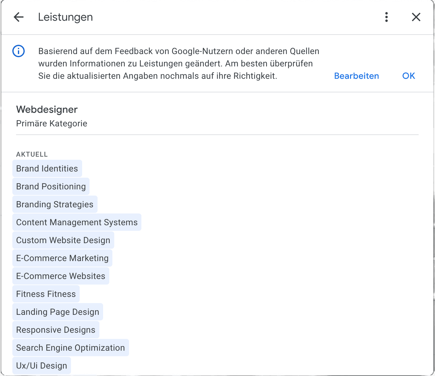 ein überblick über einige Leistungen, die in einem google my business profil aufgelistet wurden