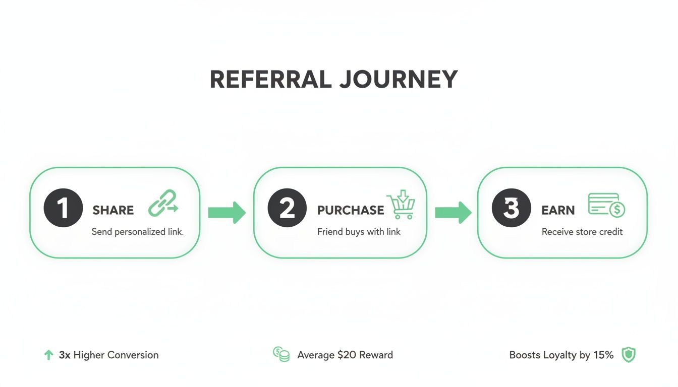 A diagram illustrating a three-step referral journey: Share, Purchase, Earn, with key benefits.