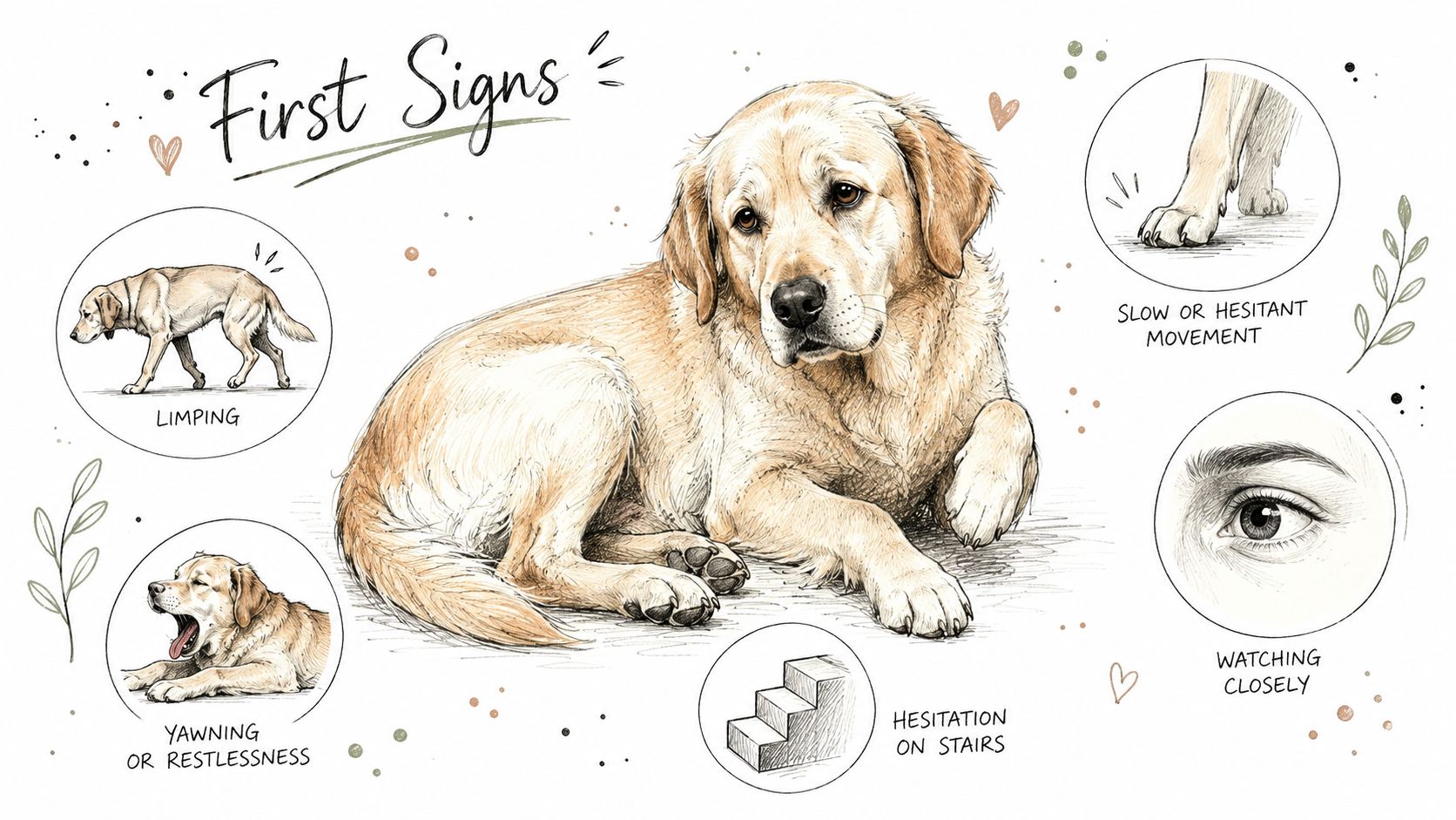 An illustration showing common behavioral and physical signs of pain in a golden retriever dog.