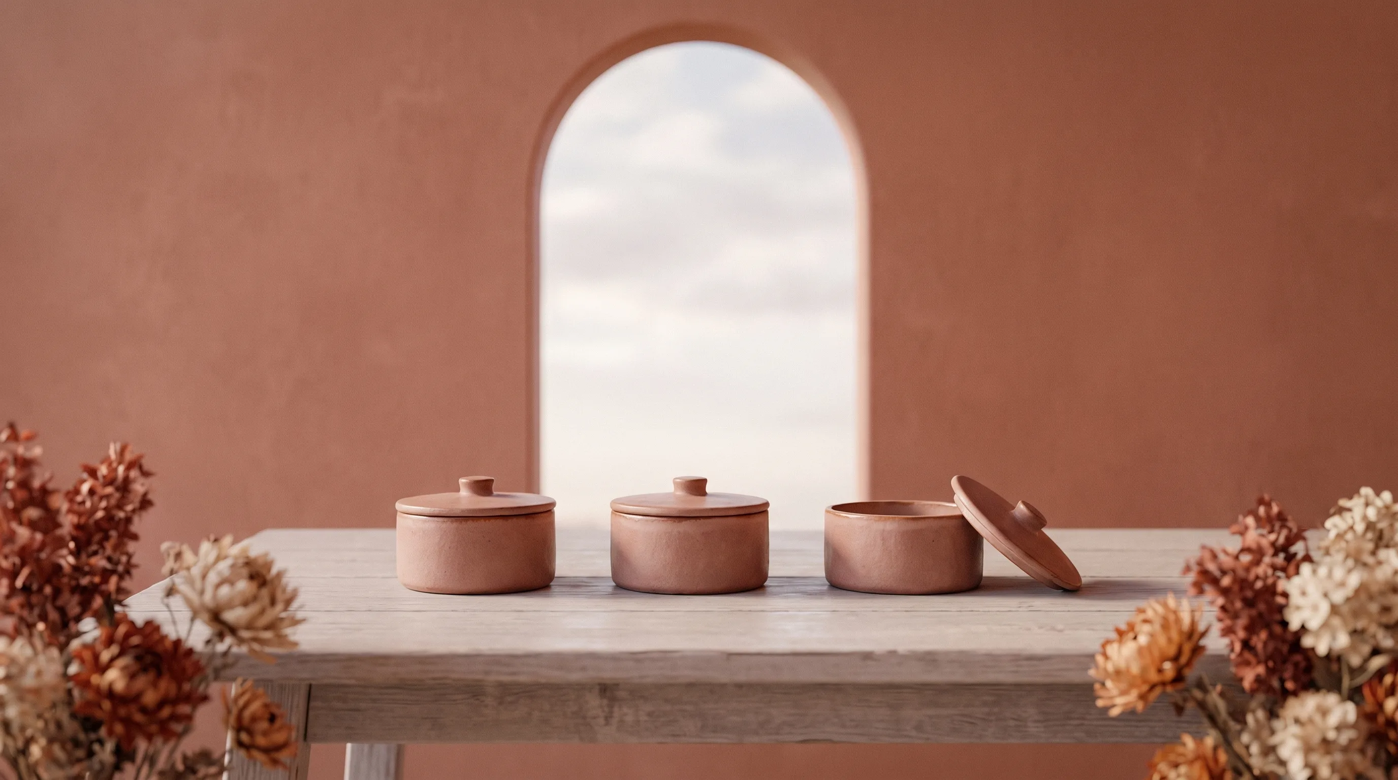 Three identical lidded boxes, two closed and one open and empty
