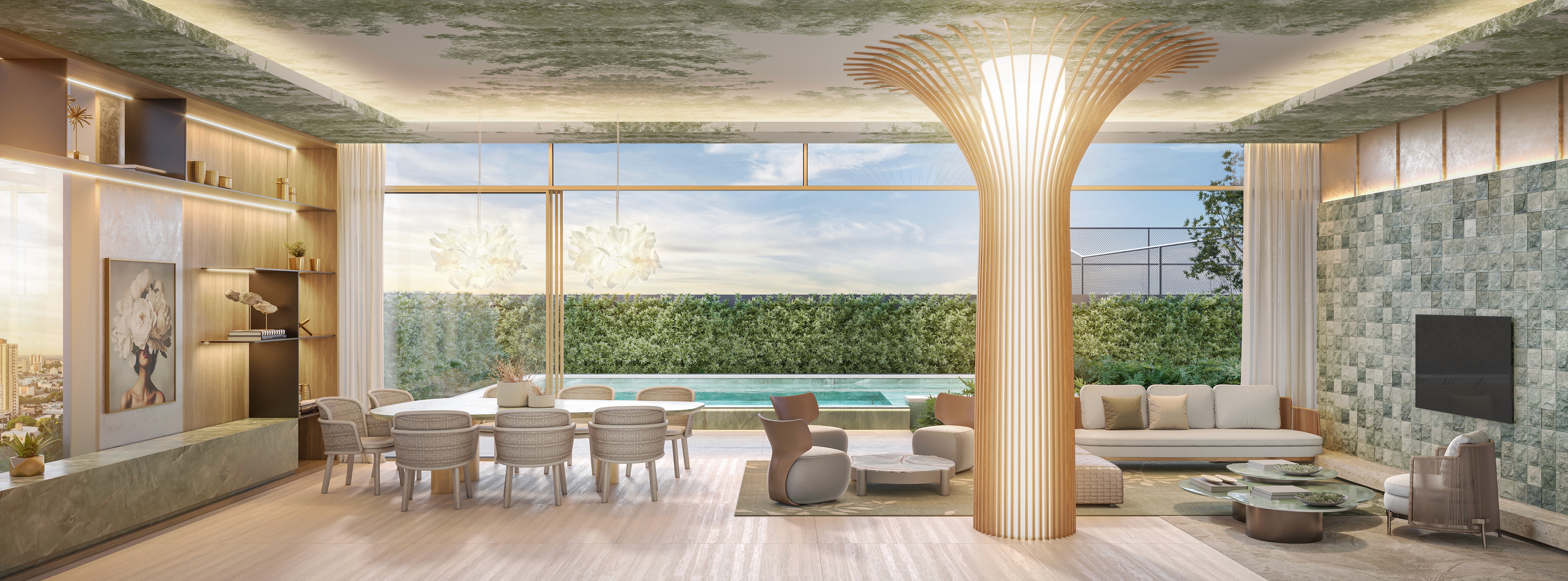 Curved modern skyscraper against a clear blue sky.