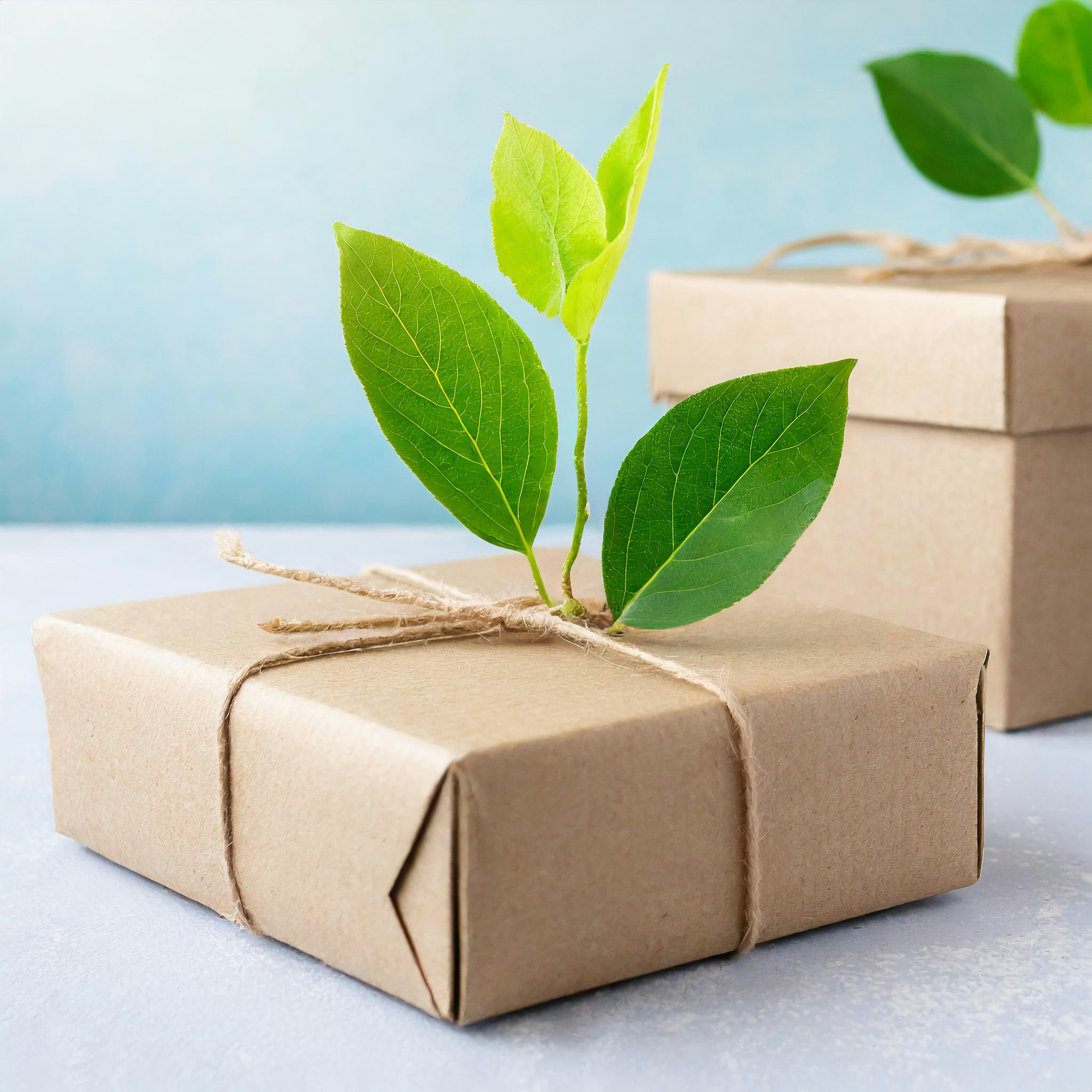 Brown, natural packages with green leaves tied to them