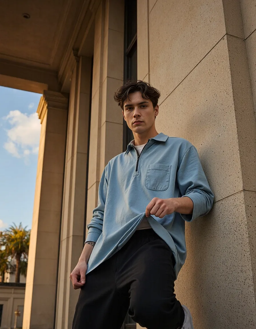 Fashion photography of a blue quarter-zip pullover styled against stone architecture during golden hour lighting with urban elements