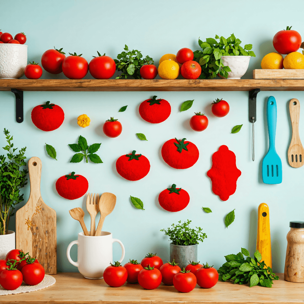 product photography of a set of felt tomato shapes