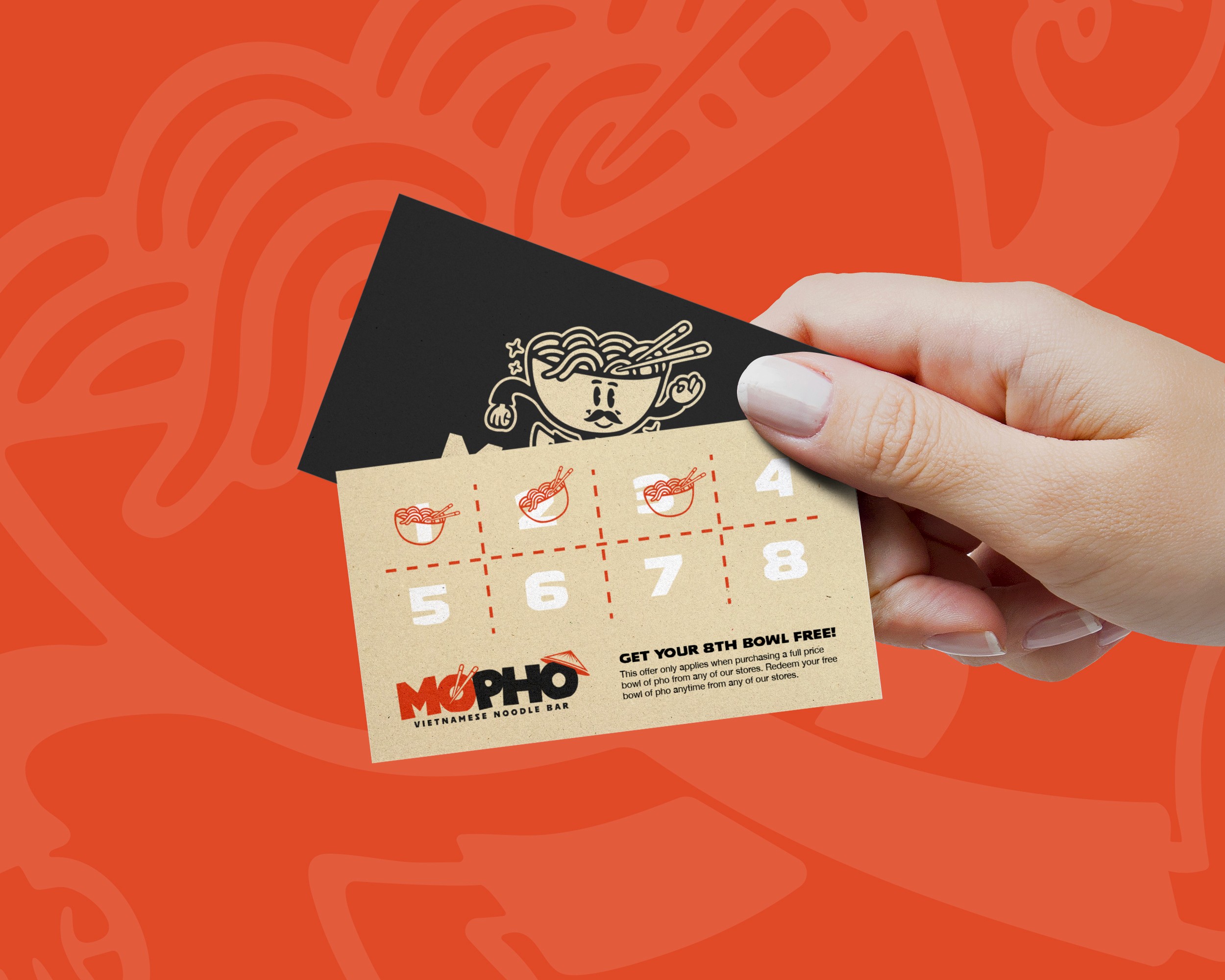 Loyalty and business card design for Mopho, featuring bold typography and modern minimalist branding