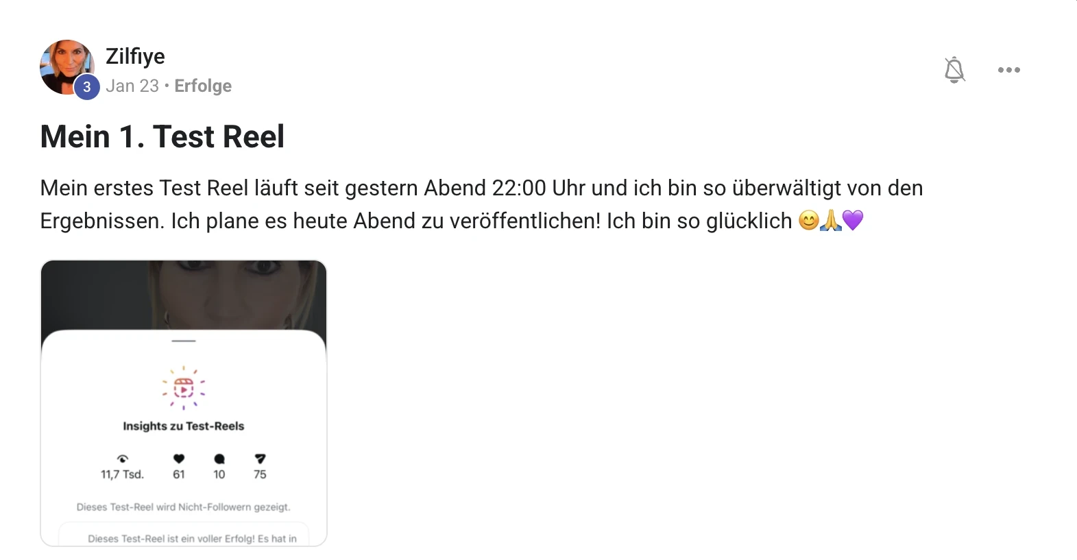 Erfahrungsbericht KI Creator Akademie: Zilfiyes erstes Instagram-Test-Reel erreicht 11.700 Aufrufe über Nacht