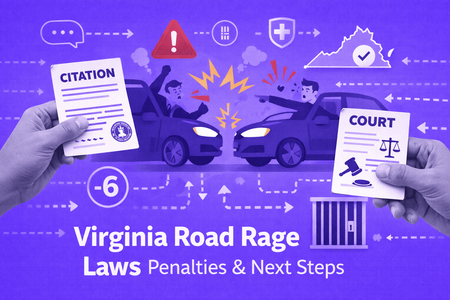 Illustration of Virginia road rage laws showing two angry drivers in cars with citation and court documents, demerit points, and penalties