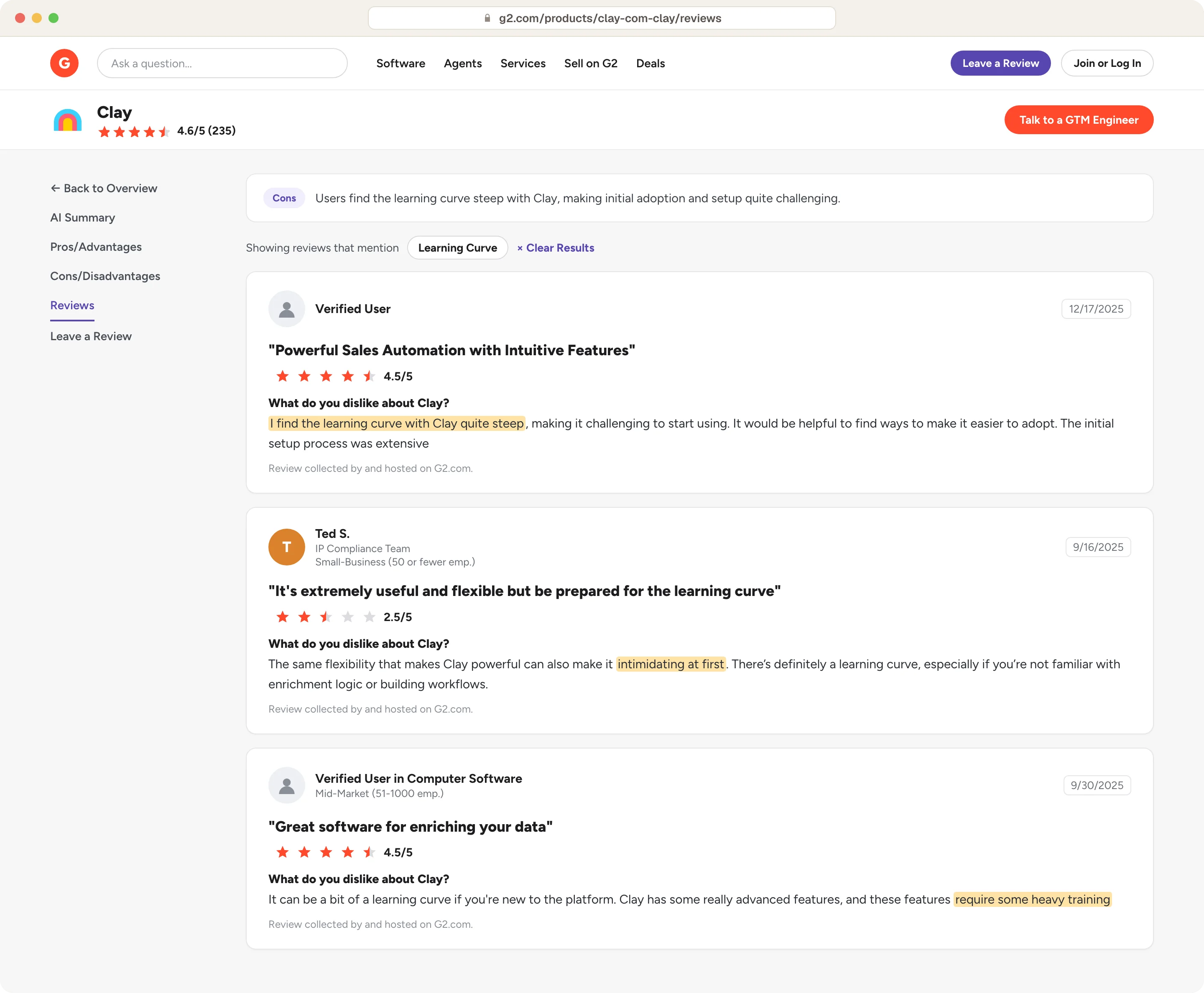 Three G2 reviews of Clay describing a steep learning curve and heavy training before it pays off
