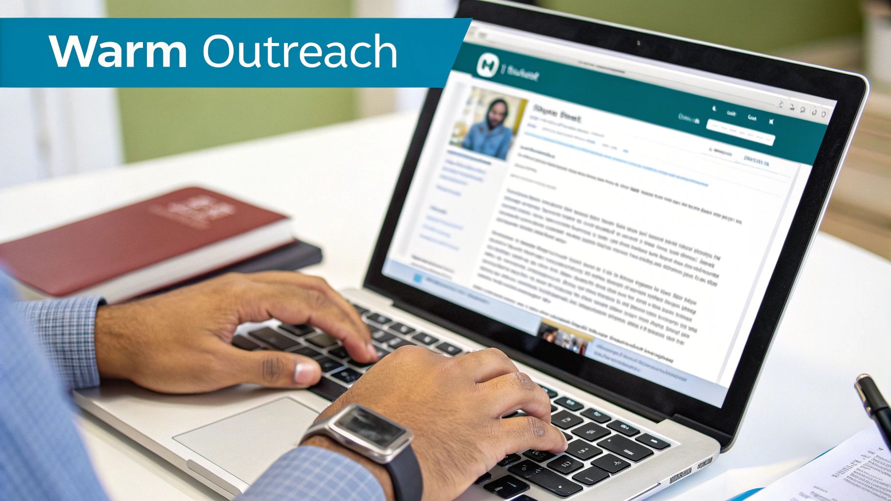 A person's hands are shown typing on a laptop displaying a professional profile for warm outreach.