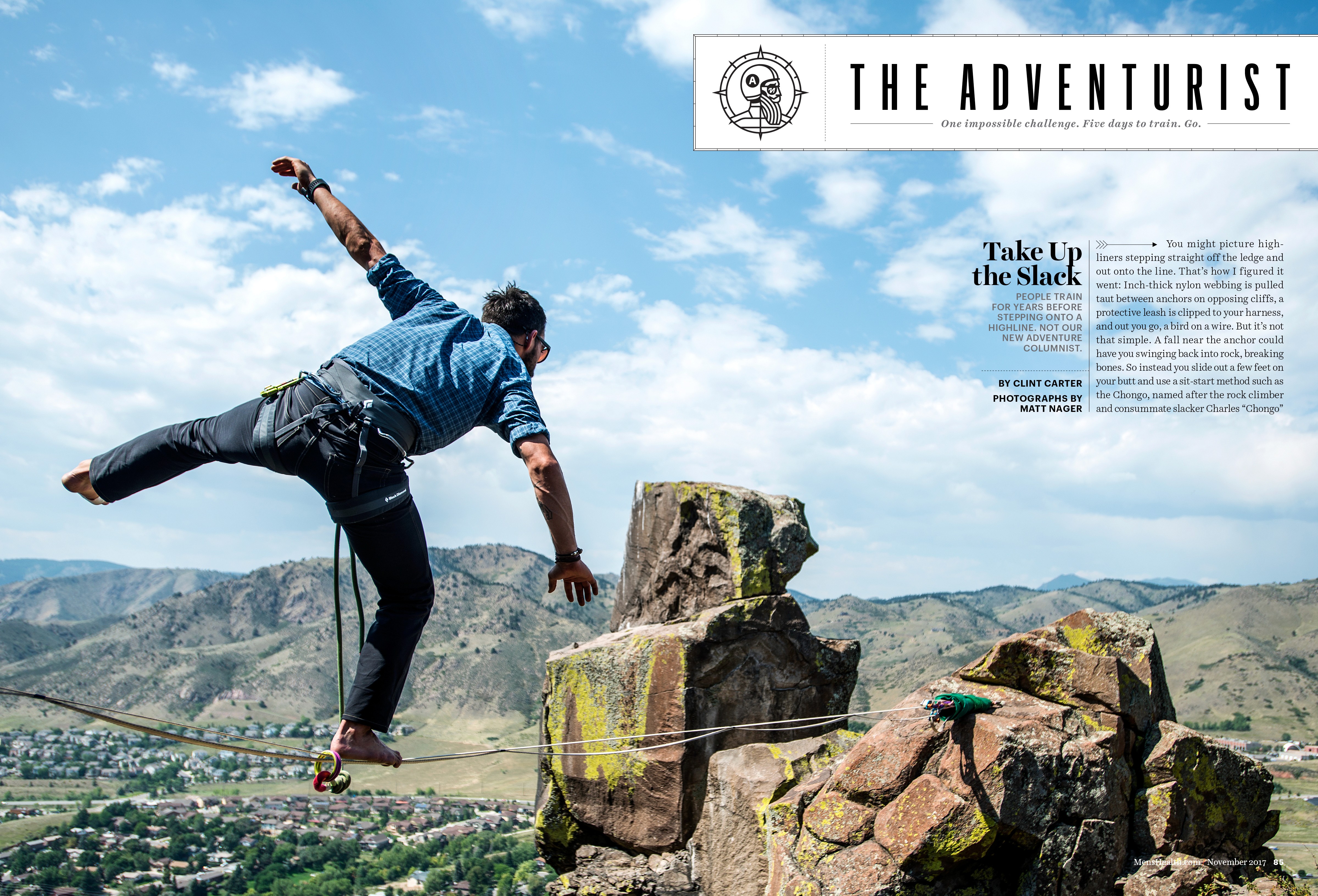 A magazine photo spread of a man trying to balance himself on a highline between cliffs