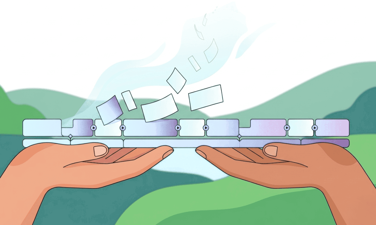 Flat illustration of two open hands holding a Final Cut Pro-style magnetic timeline with silence gaps visibly lifting off and disappearing, representing AI silence removal before importing to Final Cut Pro.