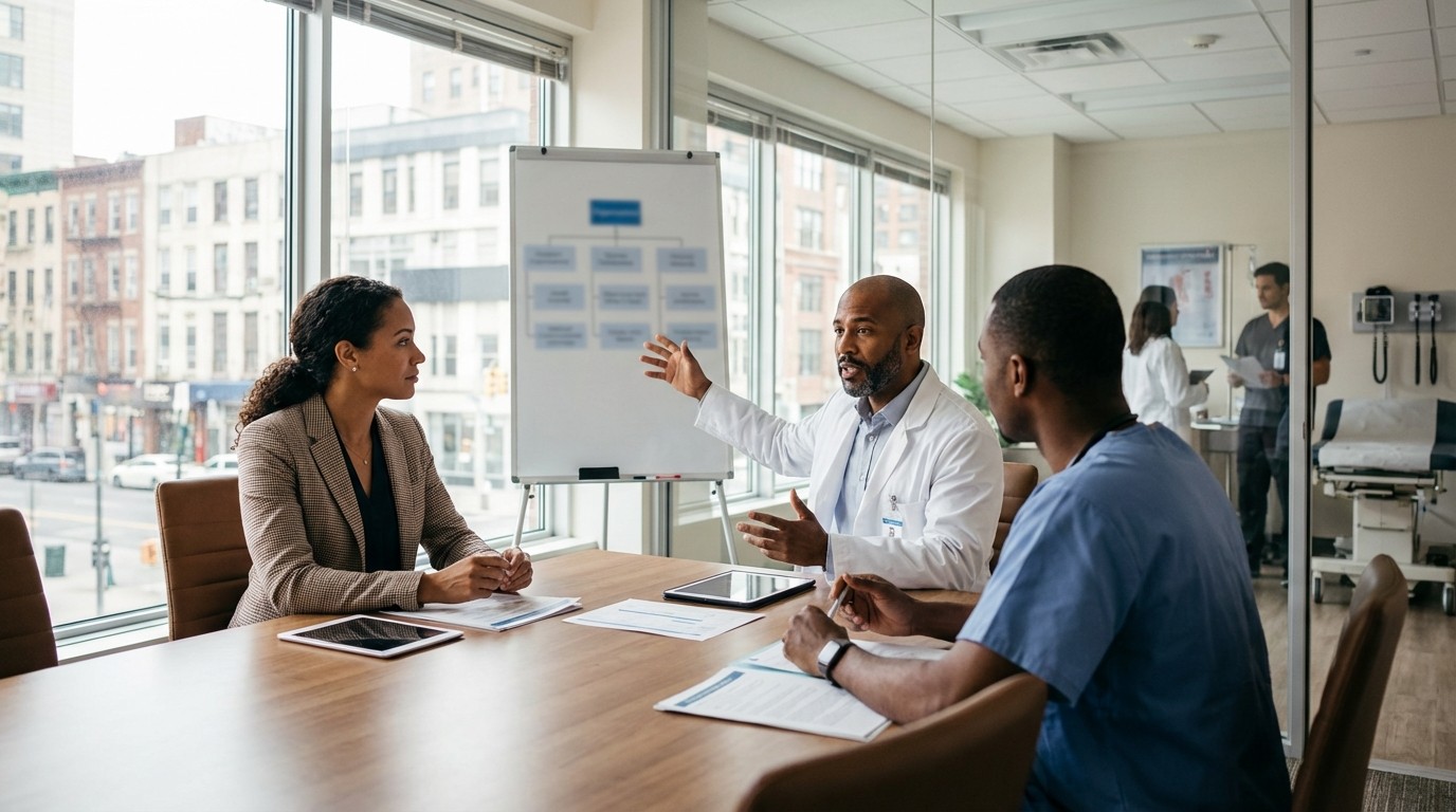 MVZ-Leitungsteam in Managementbesprechung – strategisches MVZ-Management und Praxissteuerung mit MediPulse