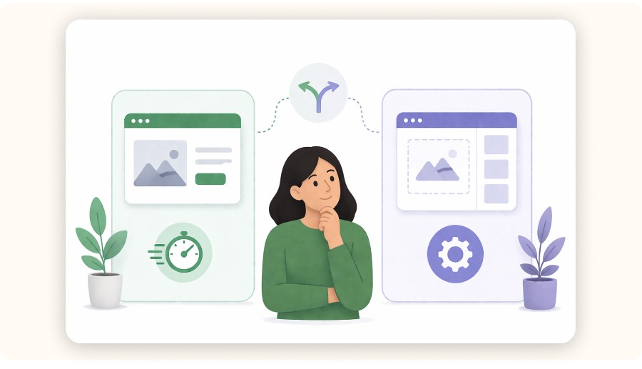 Illustration of woman choosing between simple fast interface and customizable complex interface