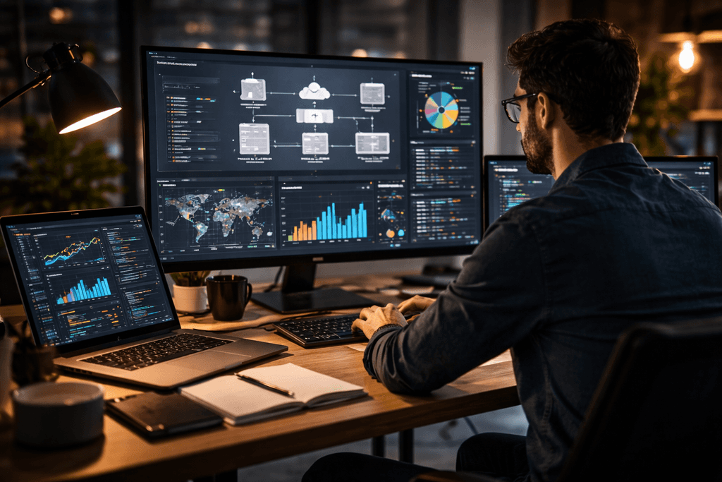 person at desk with multiple screens showing dashboards and data flows