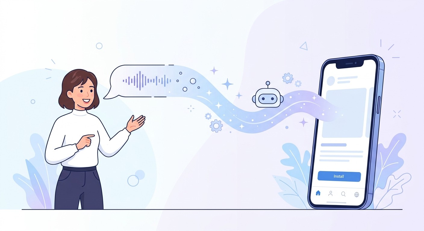 A person describing an app idea in plain English while an AI agent builds a native iOS app