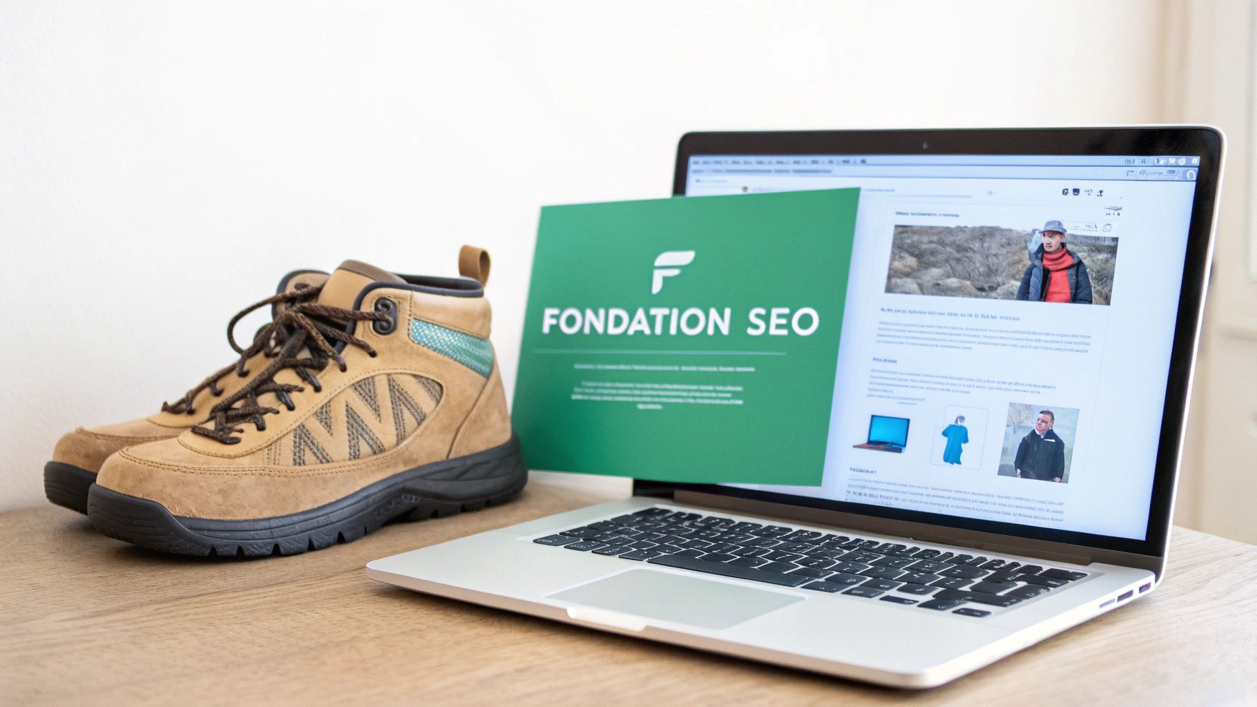 Une paire de chaussures de randonnée à côté d'un ordinateur portable affichant une page web et un document 