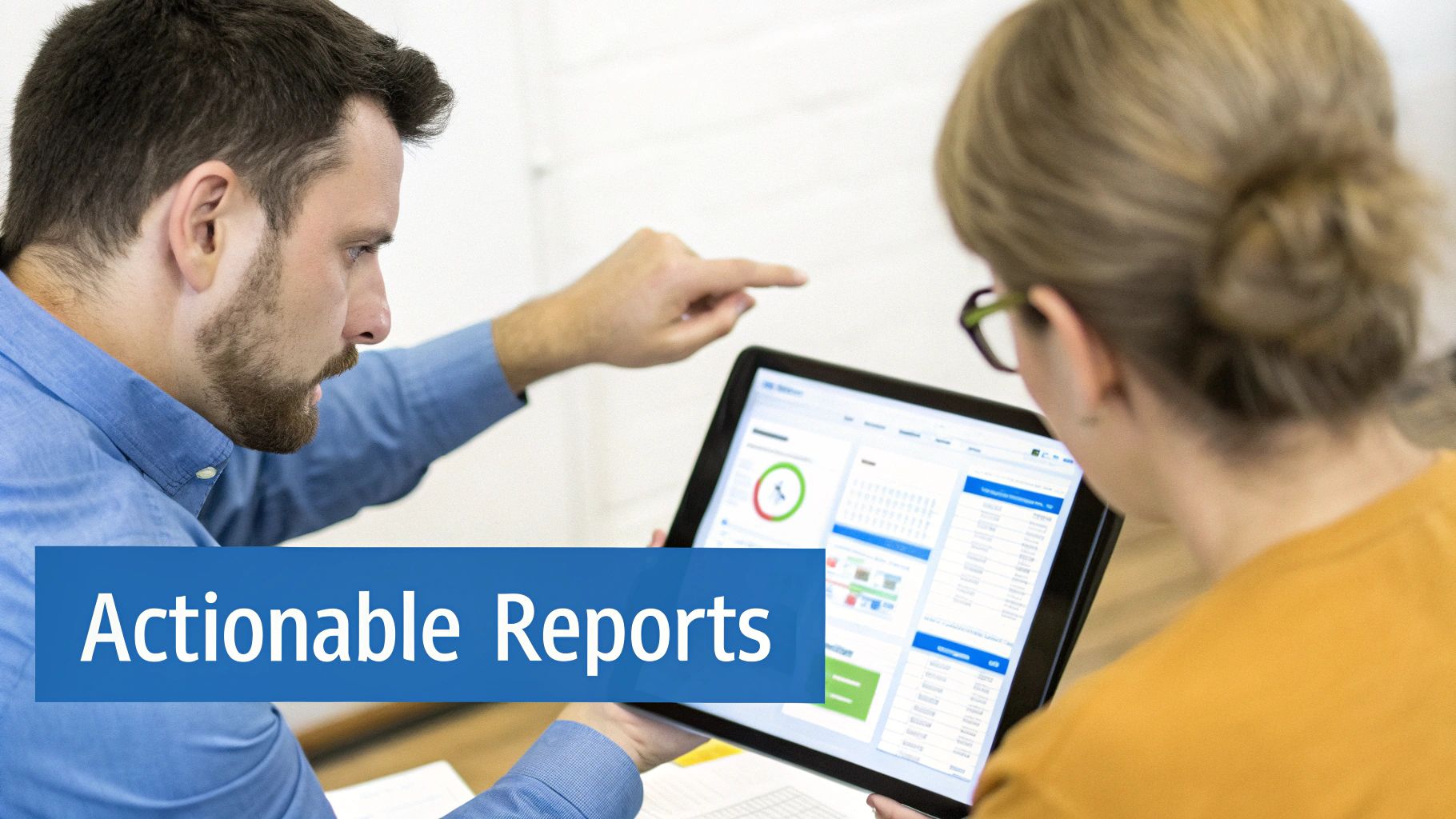 Two people collaborating and pointing at a tablet displaying business data and actionable reports.