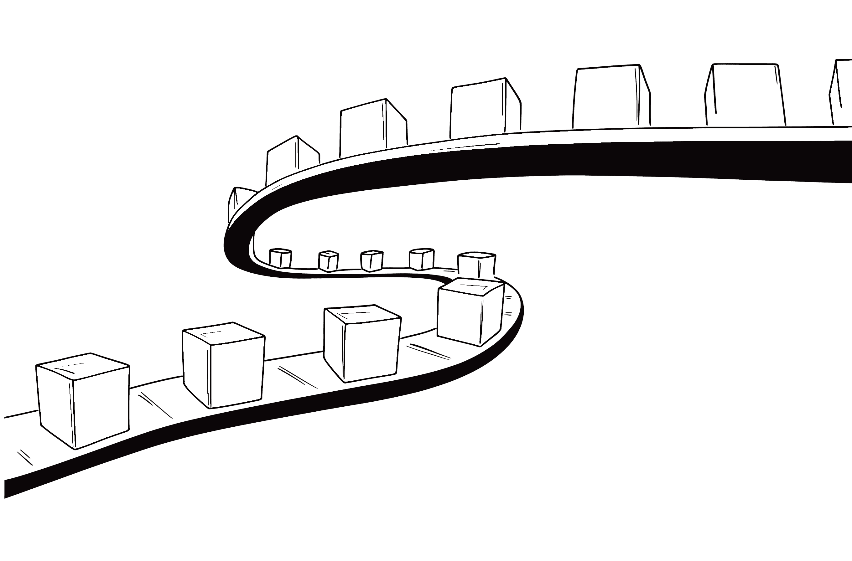 Illustration of a factory production line with boxes symbolizing automation and efficiency, representing Tenkara AI’s mission to empower manufacturers through intelligent operational tools and visibility.