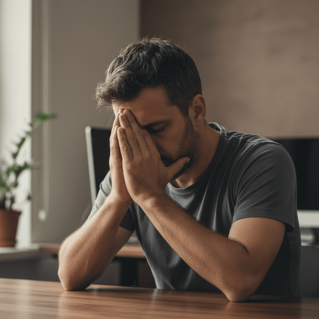 A 40-year-old man, appearing fatigued and slightly stubbled, sitting at a modern desk with his head resting in his hands, surrounded by a laptop and papers. The lighting should be slightly dim to emphasize exhaustion and low energy, reflecting chronic fatigue associated with Low T.