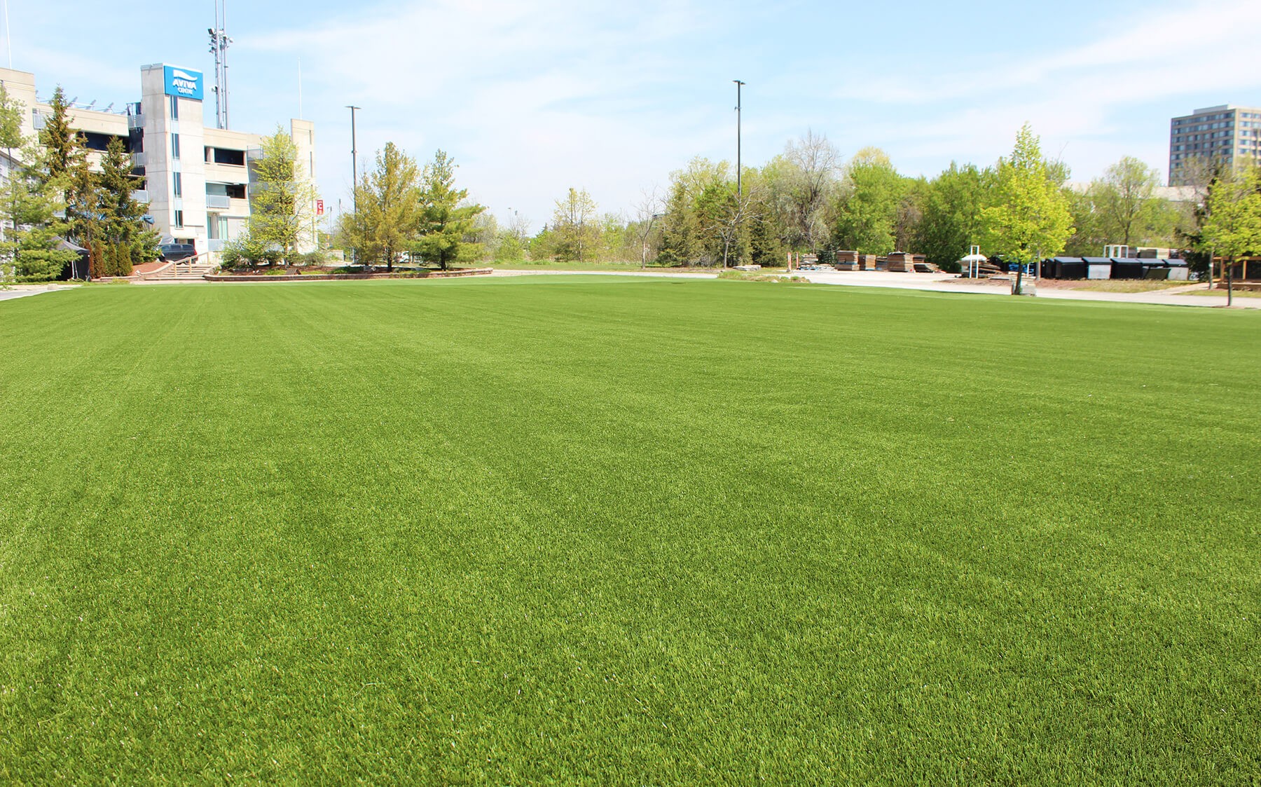 A vibrant grassy field stretches out under a sunny sky, inviting for leisurely walks or outdoor games.