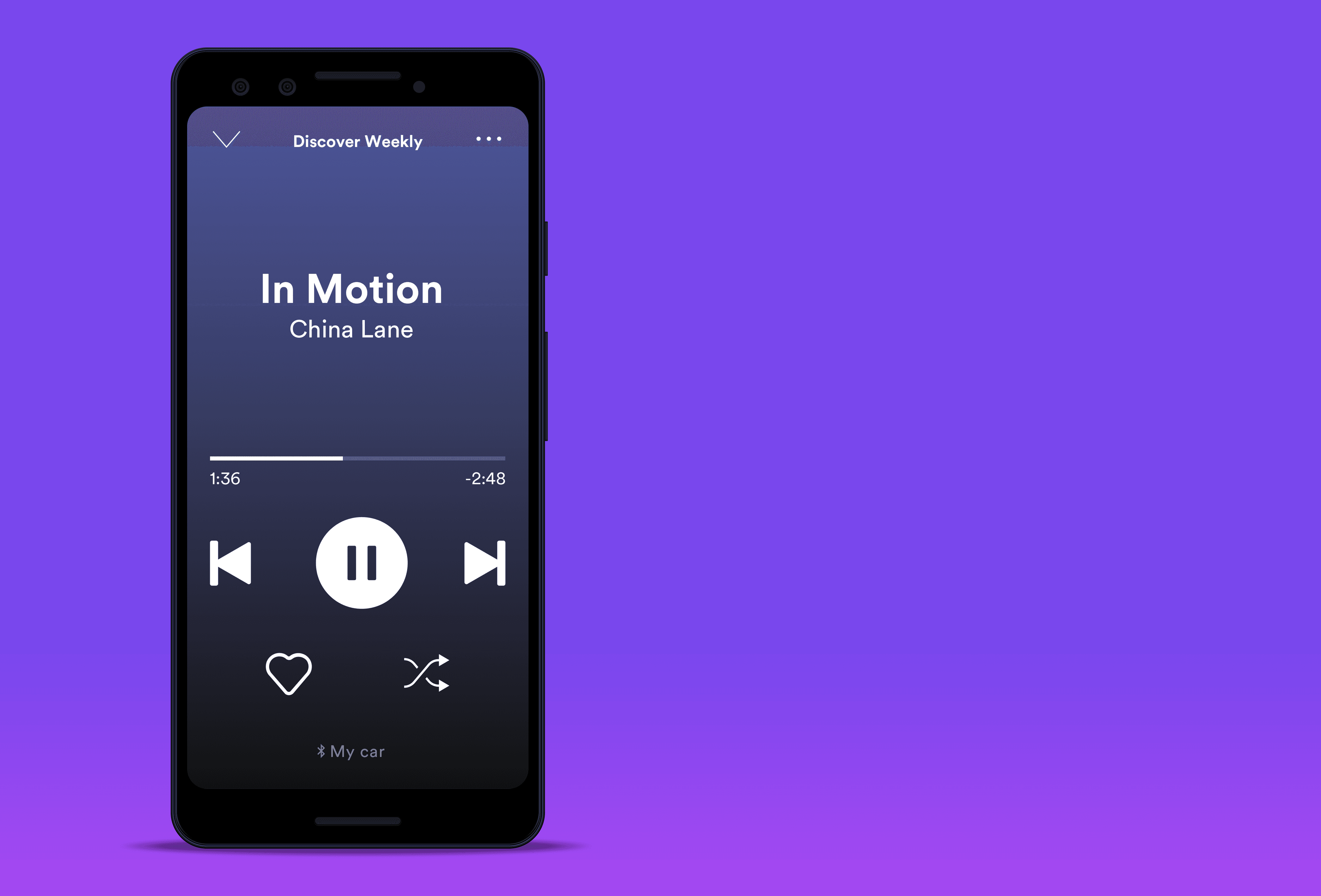 Standalone phone mockup of Spotify Car Mode on purple background