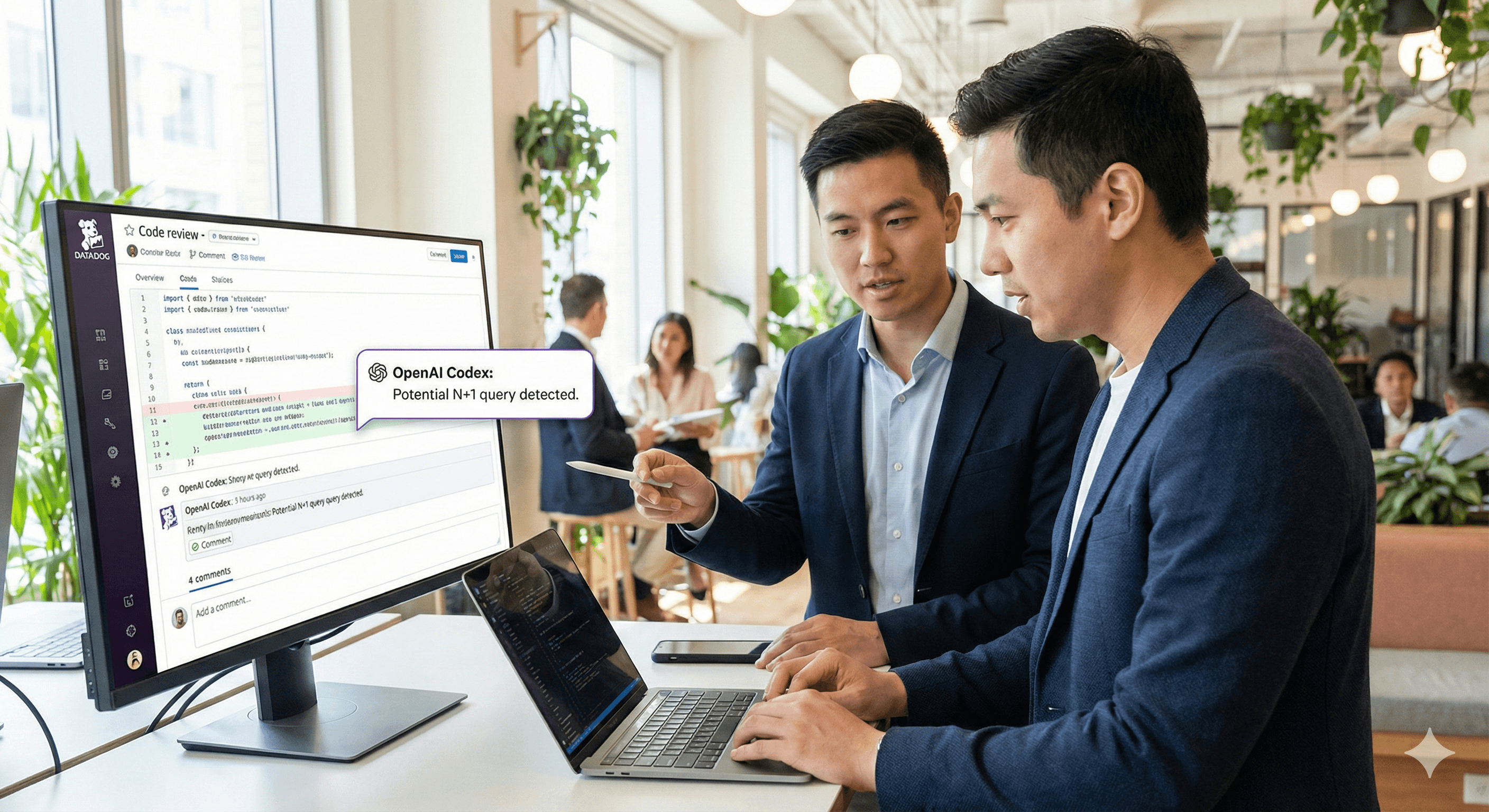 Two individuals are engaged in a code review session, using a large computer screen displaying the OpenAI Codex interface, as they discuss potential issues detected in the code, reflecting how Datadog enhances code review with Codex in a collaborative office setting.