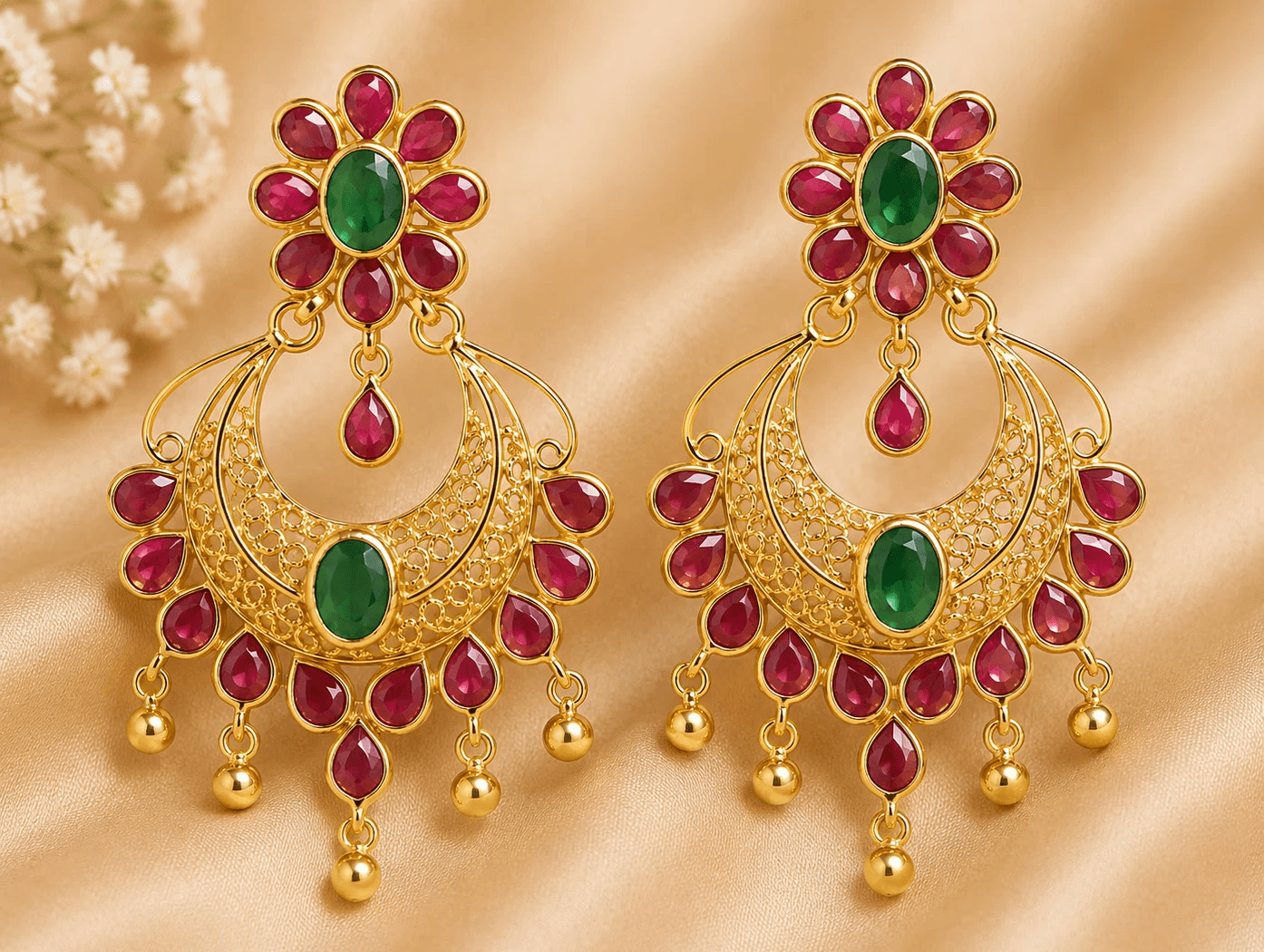 Intricate gold chandelier earrings with ruby and emerald stones, featuring a floral top and a crescent moon design.