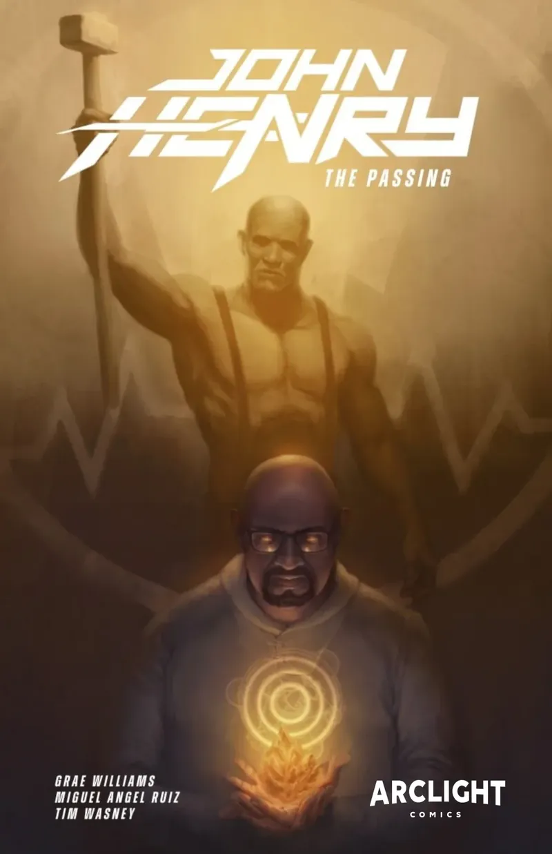 Cover of John Henry: The Passing. John Henry raises a hammer behind his successor, who holds a glowing shard.