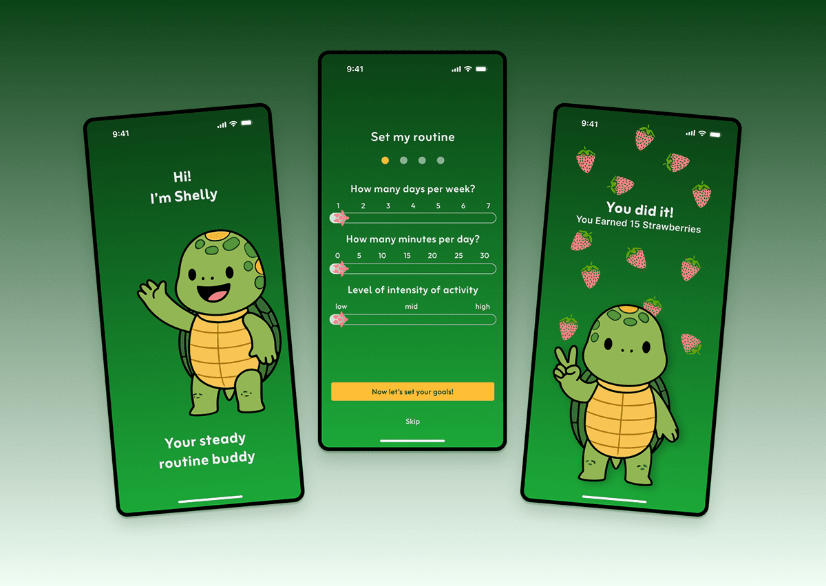 High-fidelity mockups of the Shelly app in both Light and Dark modes. The screens show consistency in the calming aesthetic, ensuring the app remains easy on the eyes during evening use.