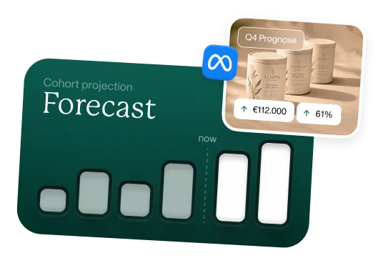 Cohort-projectieprognose met groeigrafiek, Q4-prognose voor skincare-producten met €12.000 omzet en 61% groei