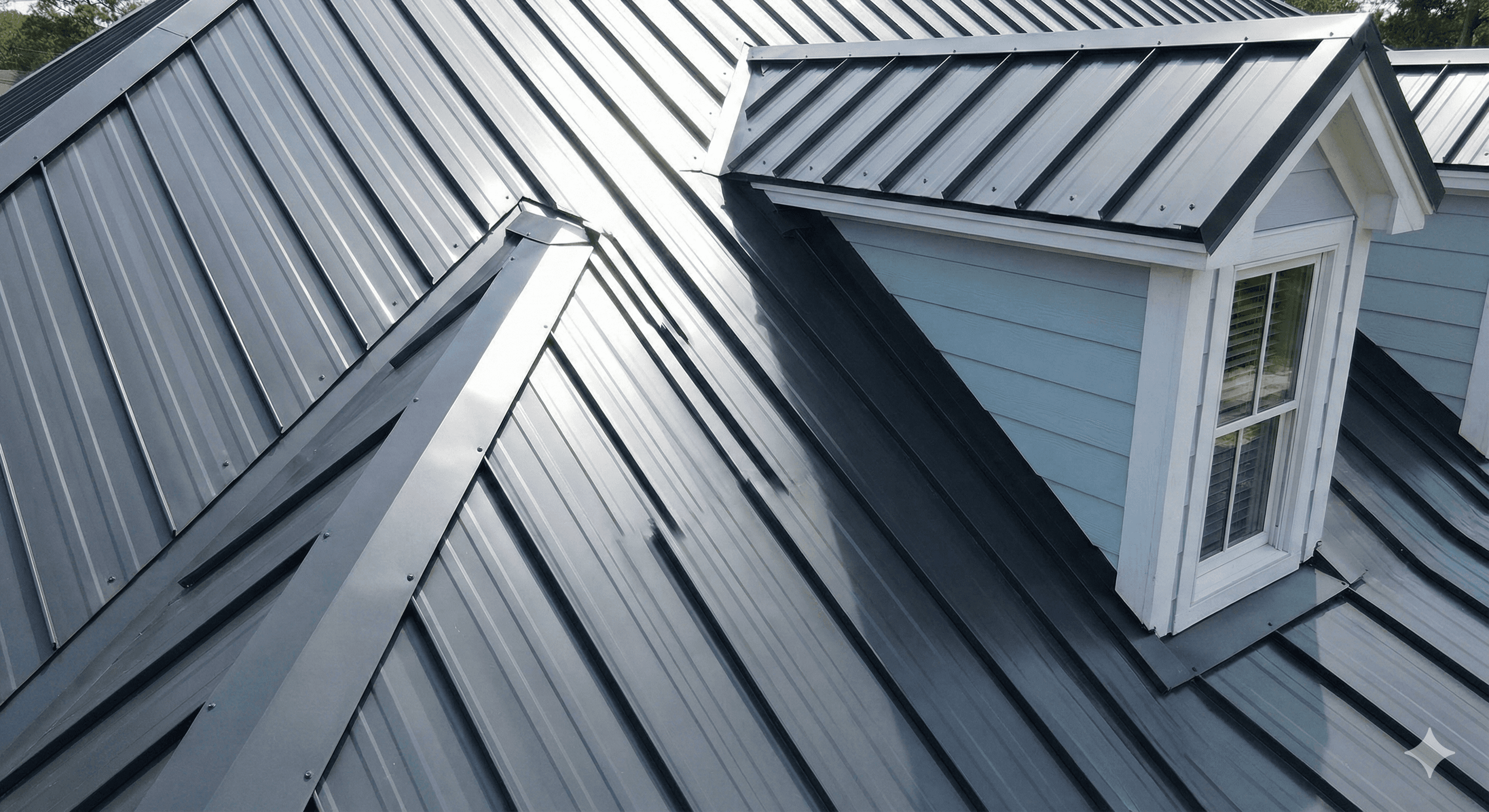 Aerial view of a modern metal roof with skylights and a steep angle, reflecting sunlight.
