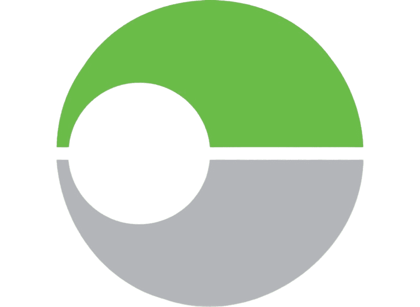 Logo featuring a green upper half and a gray lower half in a circular design, set against a dark blue background.