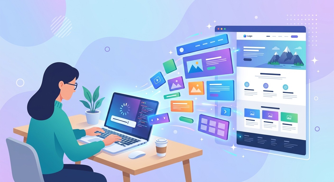 Illustration of a free AI website builder turning a text prompt into a live website