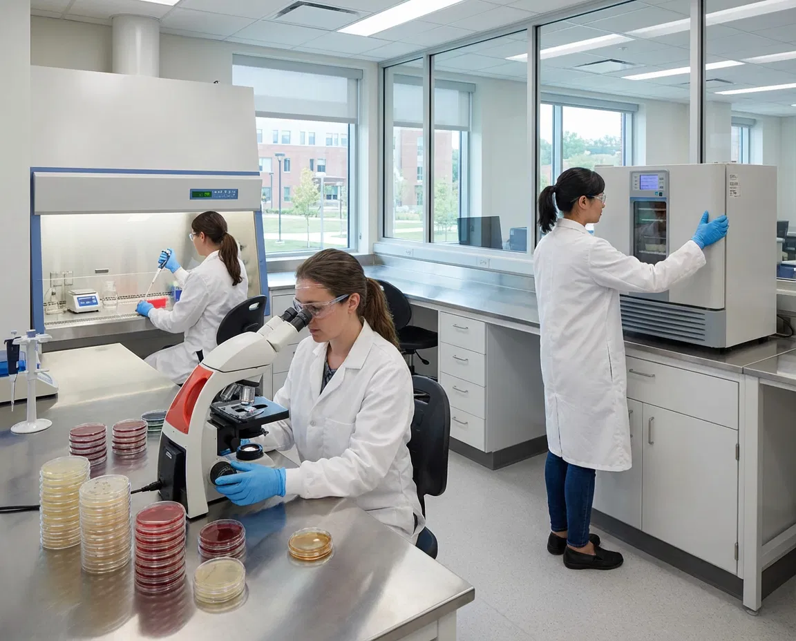 Scientists working inside a modern microbiology laboratory with microscopes and petri dishes.