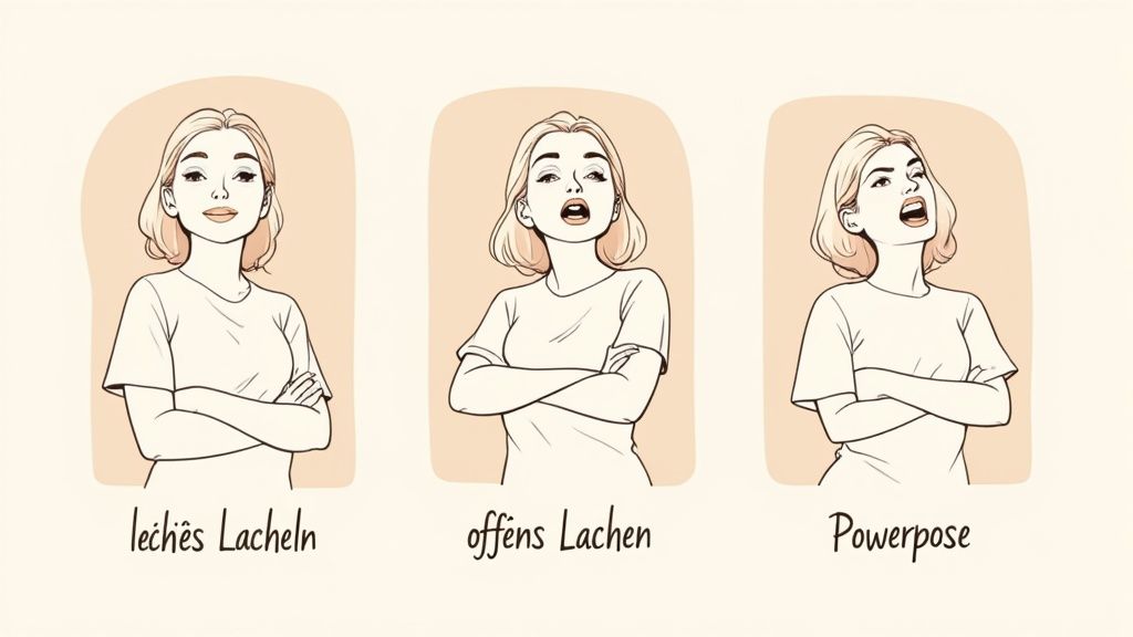 Drei Illustrationen einer Frau zeigen leichtes Lächeln, offenes Lachen und eine selbstbewusste Powerpose.